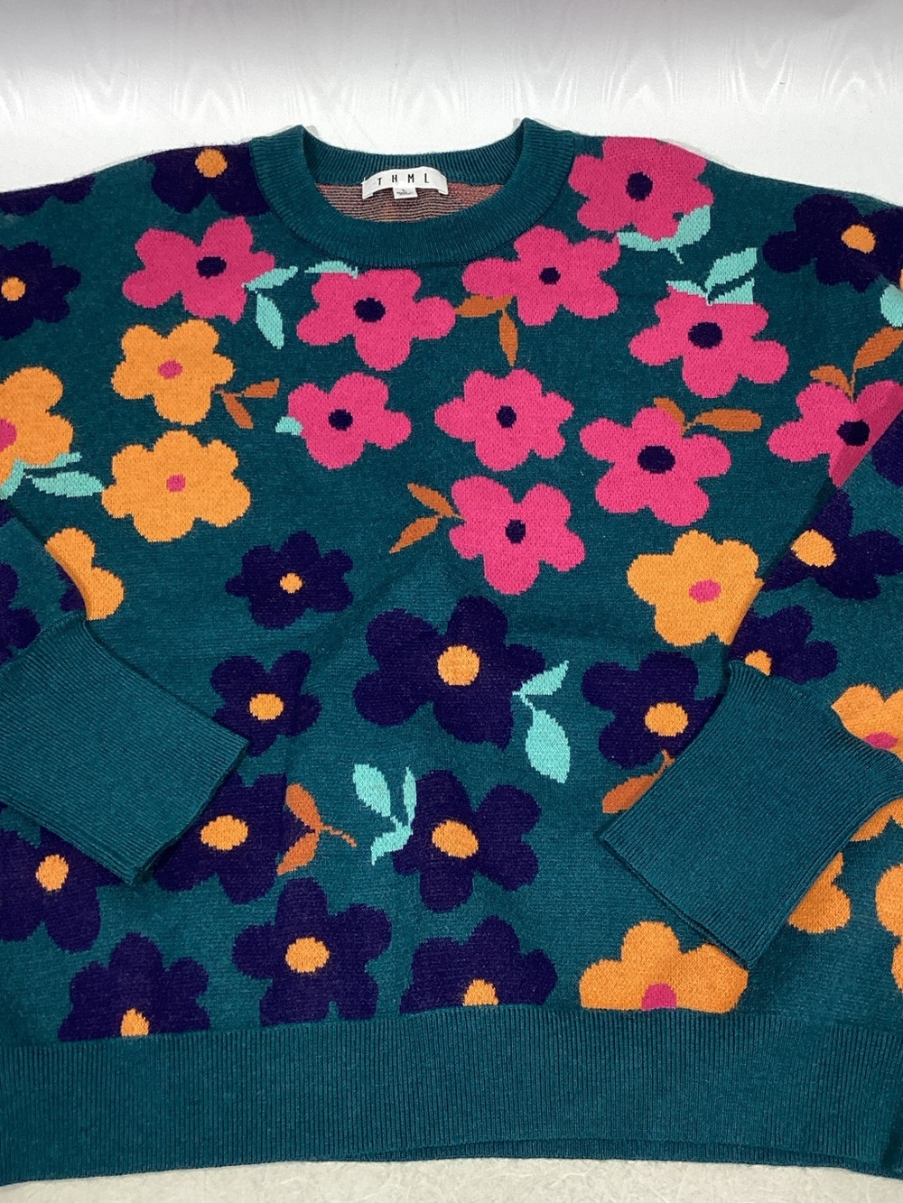 THML Floral Sweater Intarsia Knit Size Large Puff Sleeve Teal Pink Anthropologie